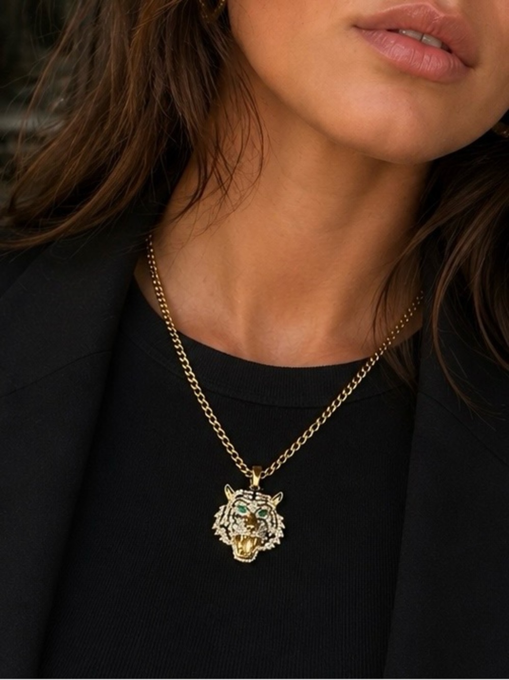 NWT | Ed Hardy Crystal Tiger Pendant Necklace | Gold-Tone Stainless Steel